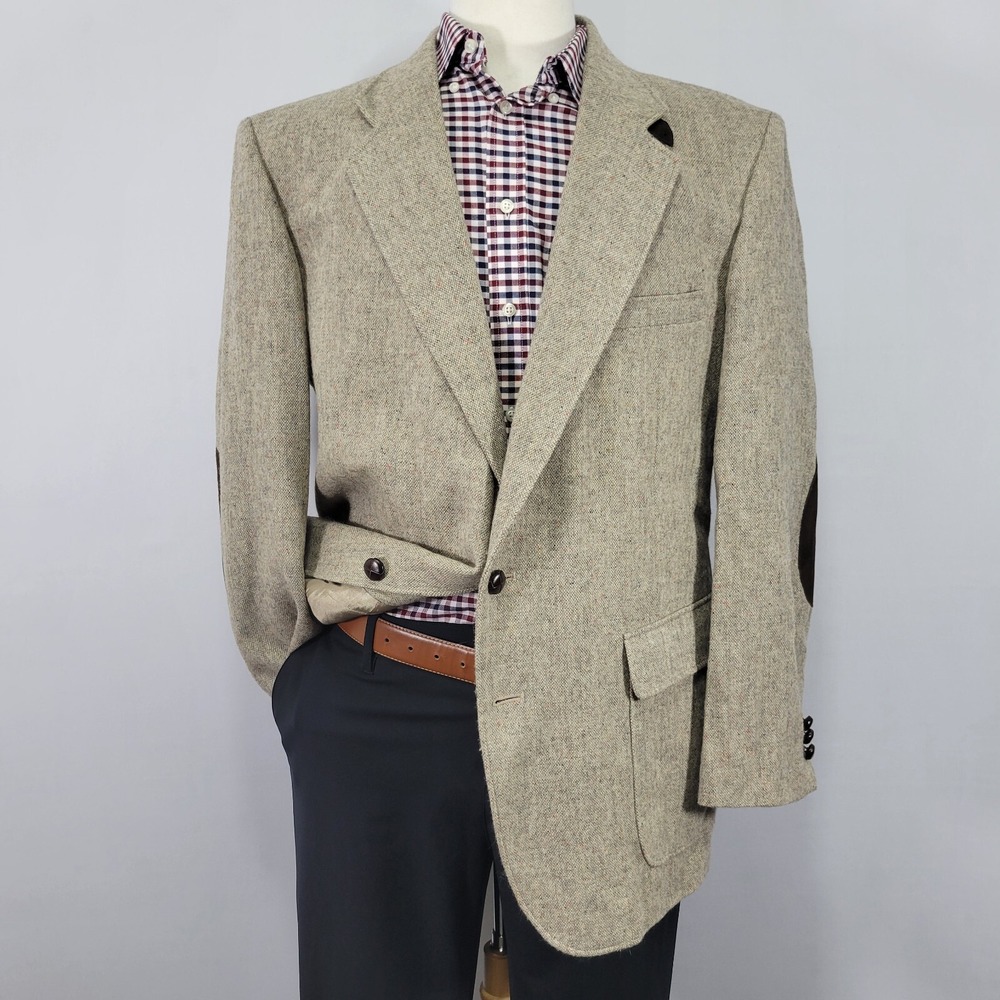 Barrington Men's‎ Tweed Sport Coat Blazer Two Button Beige Wool Elbowpatch 44R